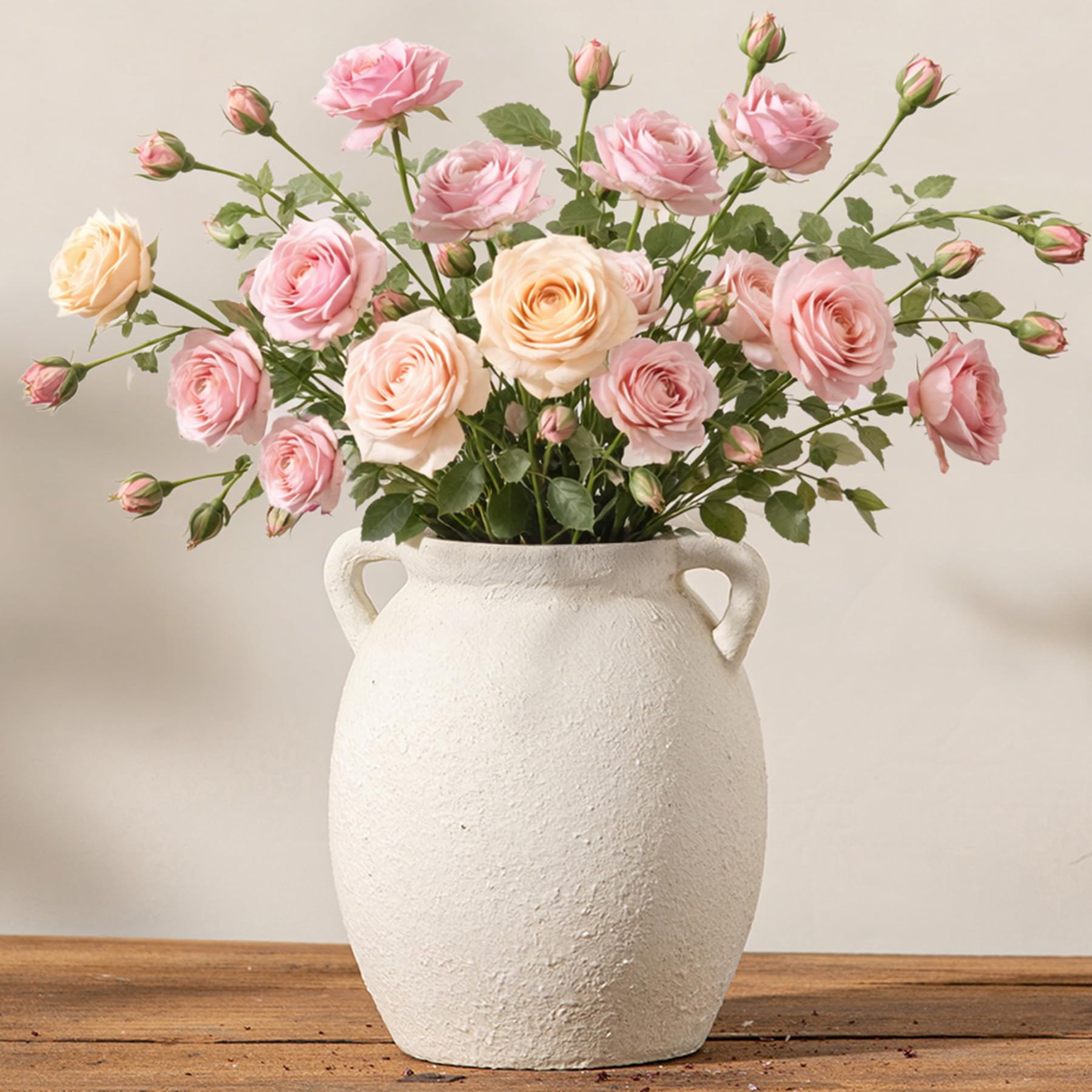Dobbyby Ceramic Flower Vase 7.6 inch Farmhouse Rustic Vase Decorative Pottery Terracotta Vases for Home Decor Table Mantle Fireplace Living Room Bathroom Wedding Centerpiece (Whitewashed)