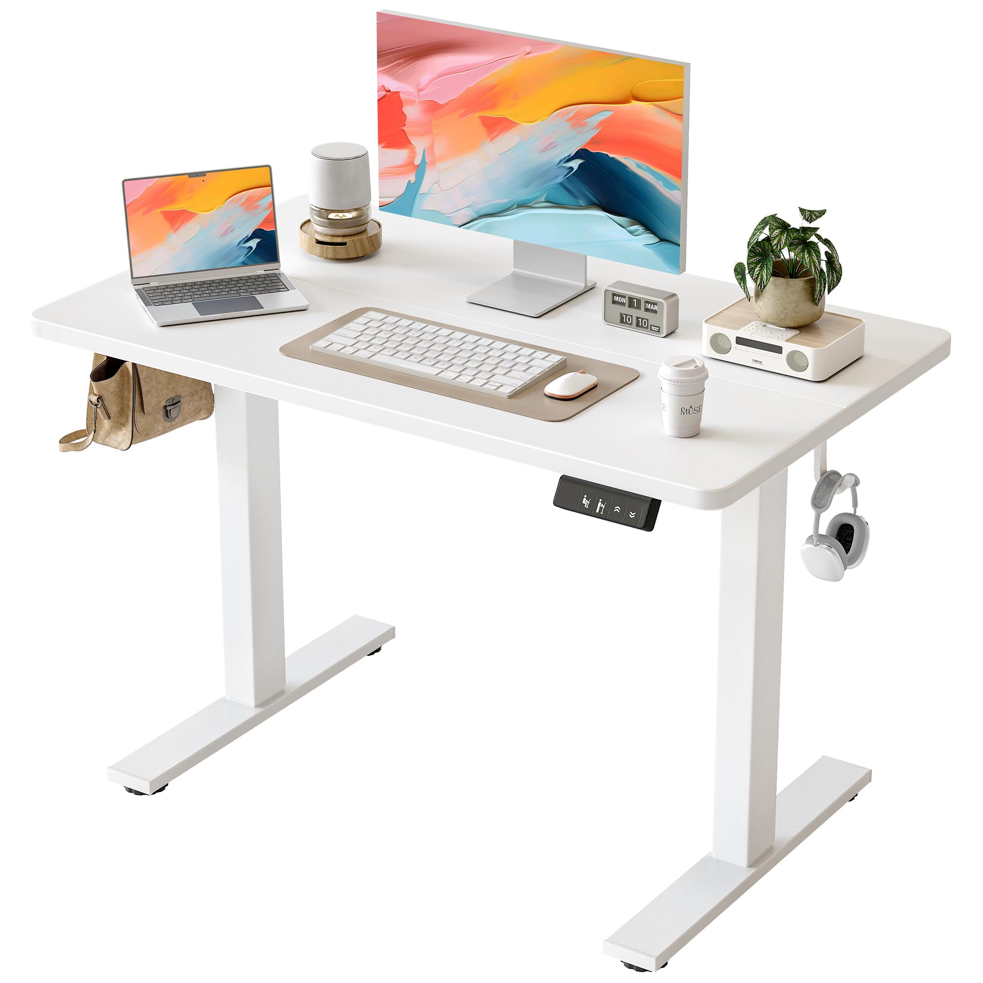 TIQLAB Electric Height Adjustable Standing Desk 47.2×23.6 inch, Sit Stand Desk with Splice Board, Memory Controller, White Frame & Maple Top Computer Workstation for Home Office