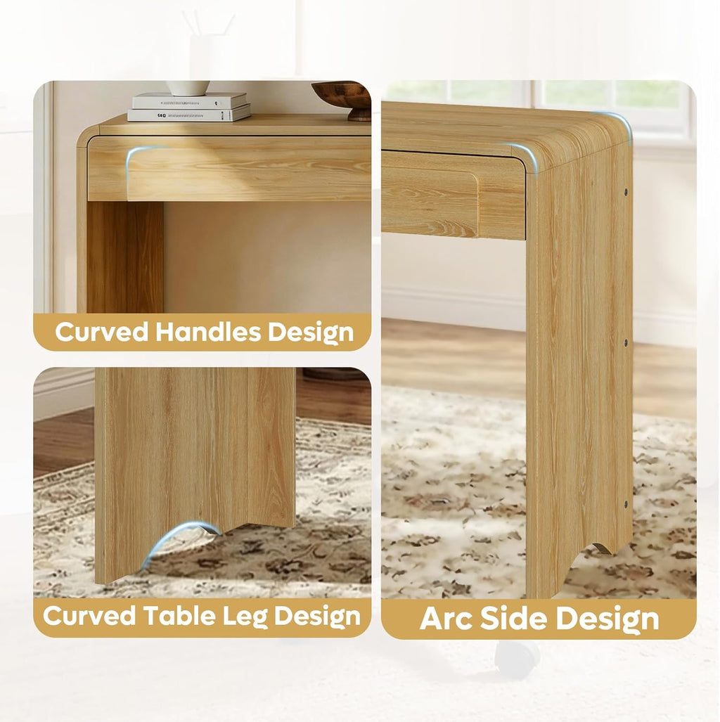 Bestier Computer Desk with 2 Drawers, 47 Inch Wood Home Office Desk, Small Writing Table with Curved Handles & Waterfall Rounded Edges, Cute Modern Desks for Bedroom Study Living Room, Oak