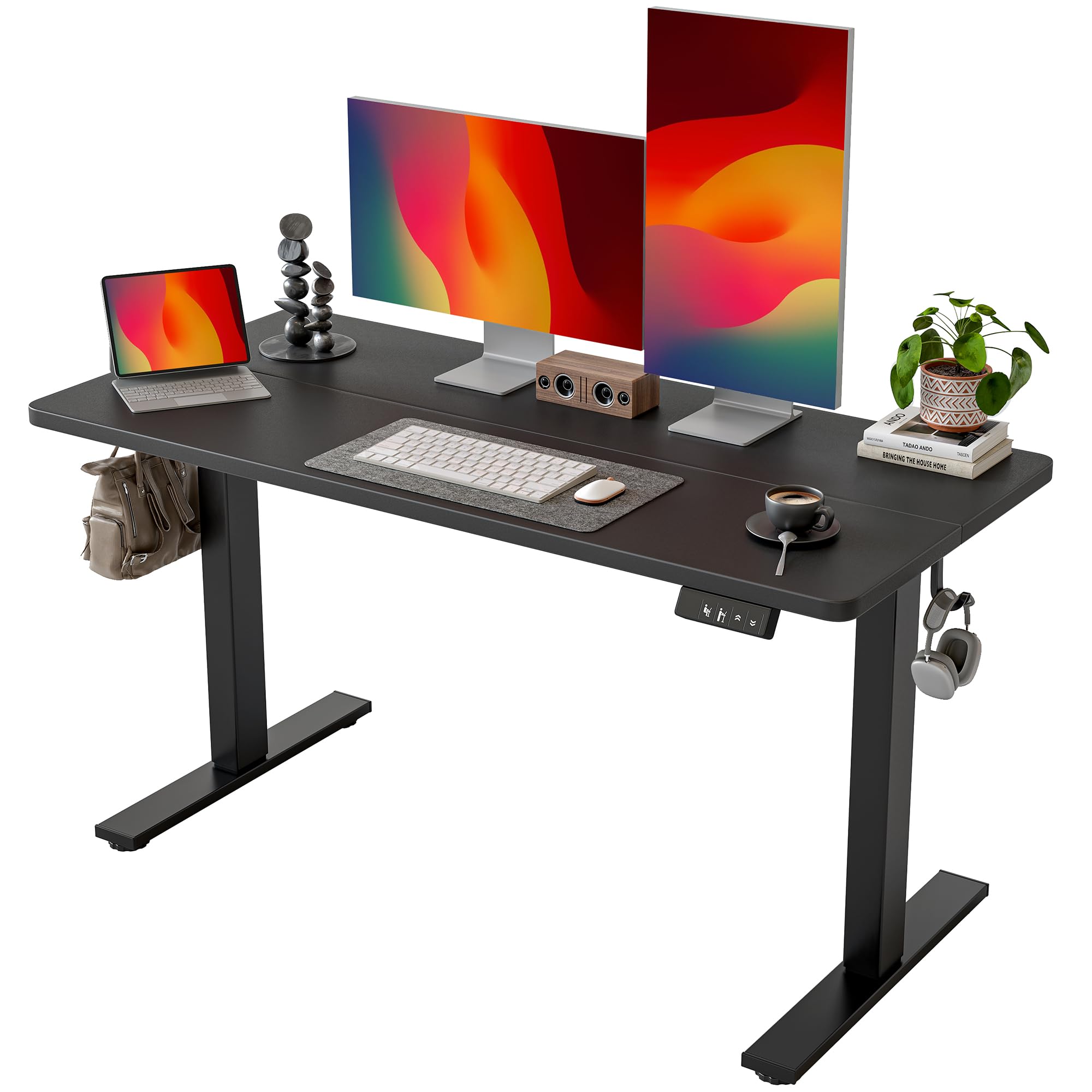 TIQLAB Electric Height Adjustable Standing Desk 47.2×23.6 inch, Sit Stand Desk with Splice Board, Memory Controller, White Frame & Maple Top Computer Workstation for Home Office