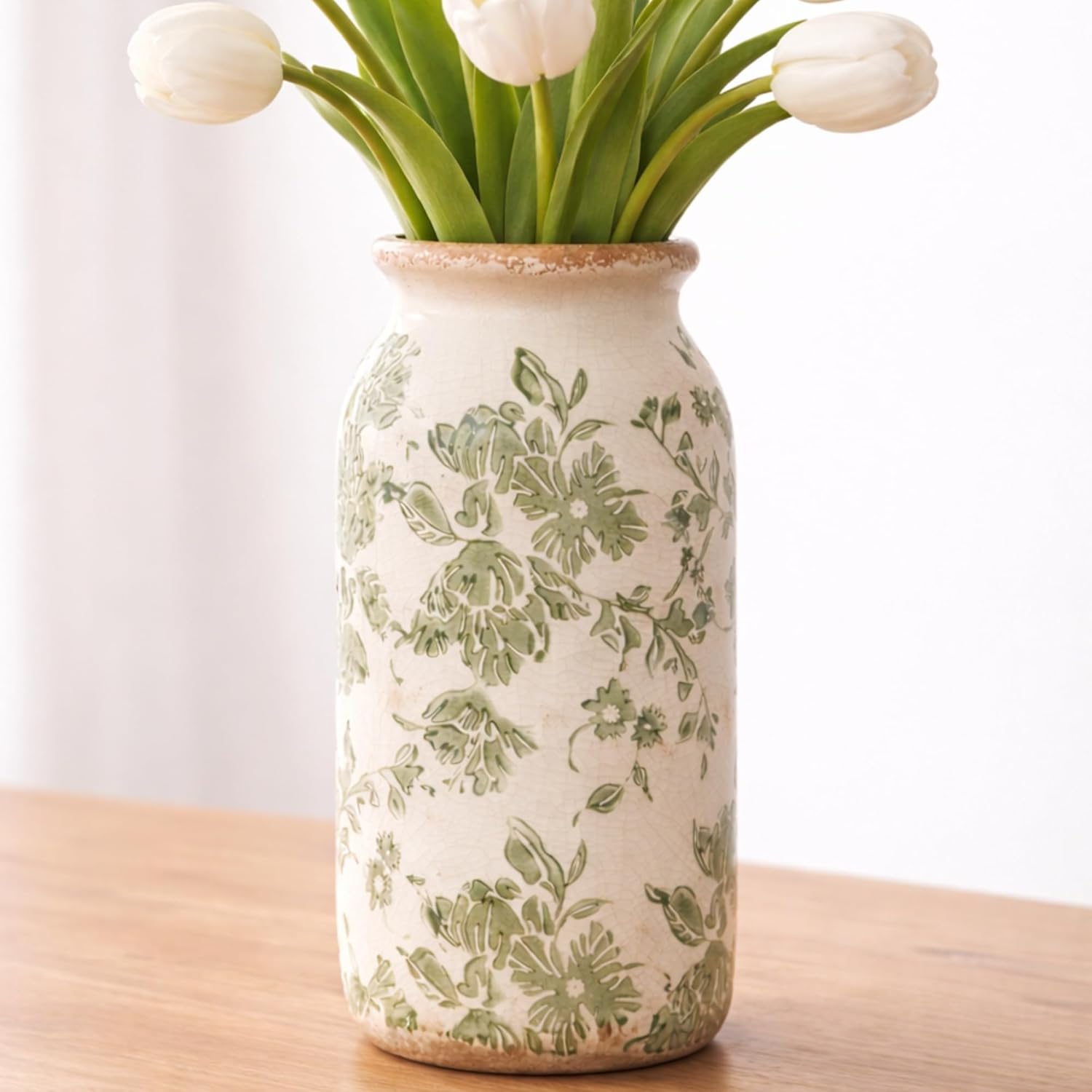 Vintage Green Floral Ceramic Vase, 8 Inch Crackle Glaze Rustic Handmade Vase, Decorative Pottery for Fresh or Dried Flowers, Farmhouse Cottage Modern Rustic Decor