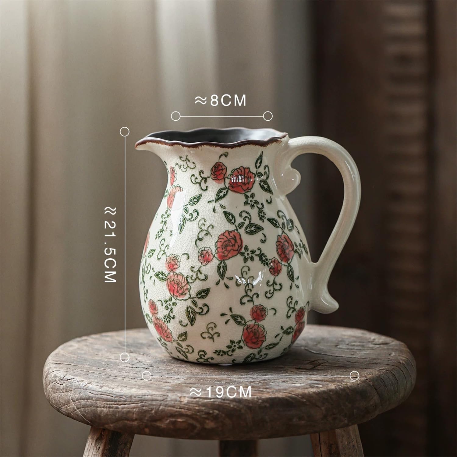 Vintage Ceramic Vase - 8.2 Inch Hand-Painted Roses with Ice Crackle Glaze Finish, American Farmhouse Style Pitcher Vase for Home Decor, Centerpiece, Shelf, Table, Office, Rustic Wedding Gift