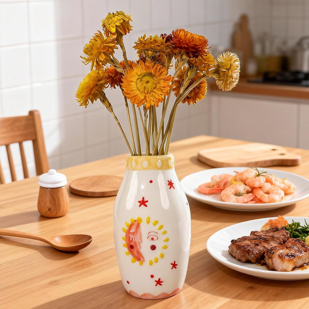 MOUGIGI Unique Ceramic Vase, Cute Boho Decor, Small Cream Vase for Dried Flowers or Single Bud - Sun and Moon Face Design