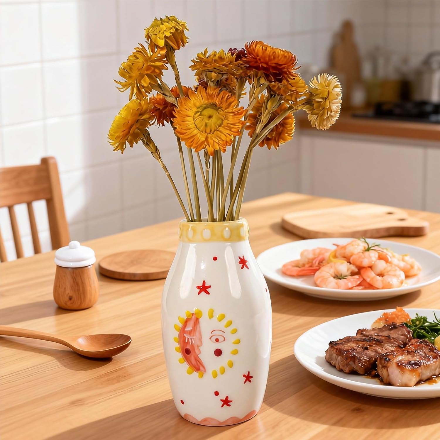 MOUGIGI Unique Ceramic Vase, Cute Boho Decor, Small Cream Vase for Dried Flowers or Single Bud - Sun and Moon Face Design