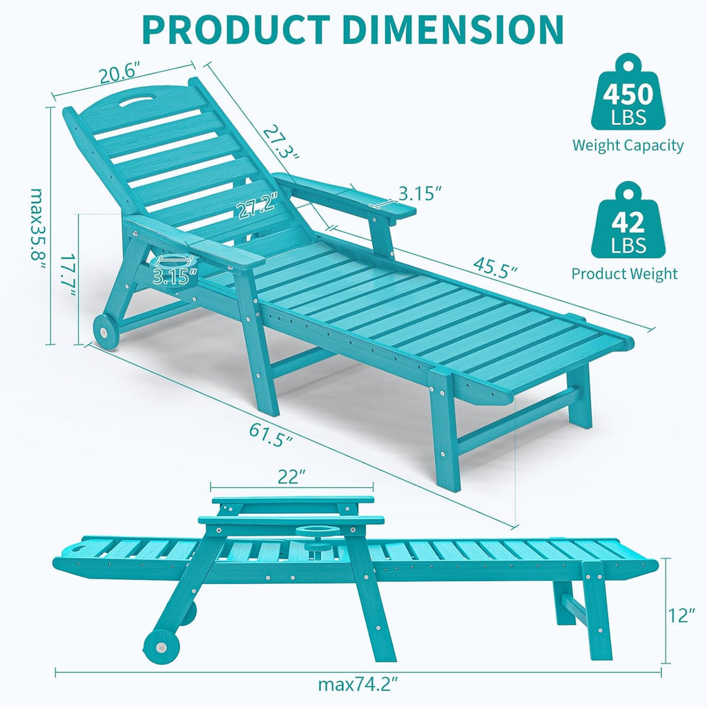 Plawdlik Oversized Patio Chaise Lounge, 5 Positions Adjustable HDPE Outdoor Lounge Chair with Rolling Wheels & Cup Holder,All-Weather for Poolside, Beach, Garden - Aruba Blue