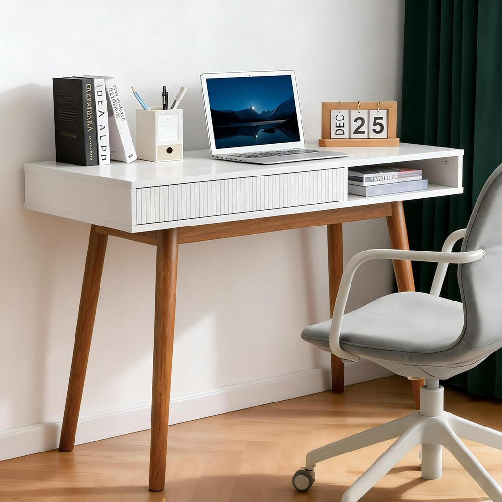 Artswish White Writing Desk with Drawers Mid Century Modern Desk, Wood Office Computer Desks for Small Space, White Desks with Walnut Legs