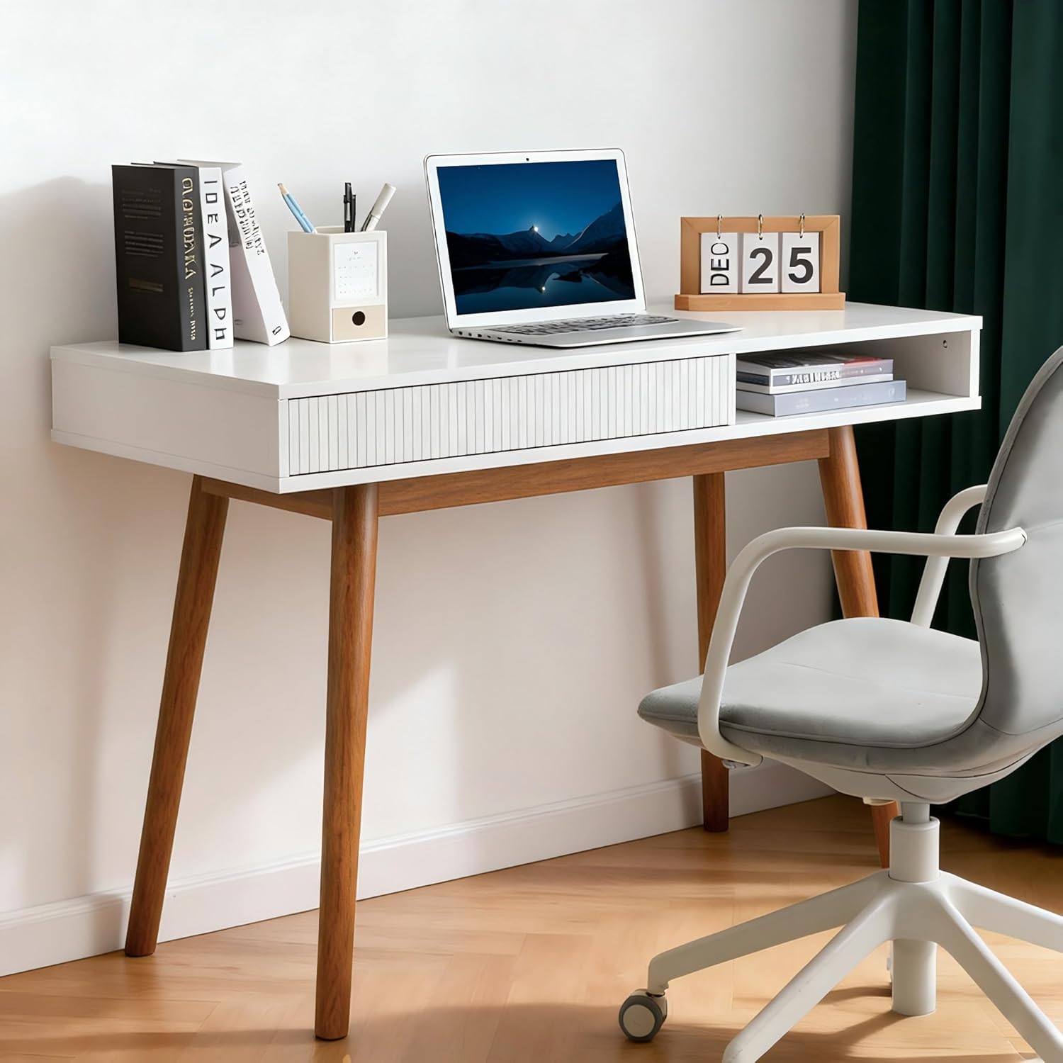Artswish White Writing Desk with Drawers Mid Century Modern Desk, Wood Office Computer Desks for Small Space, White Desks with Walnut Legs