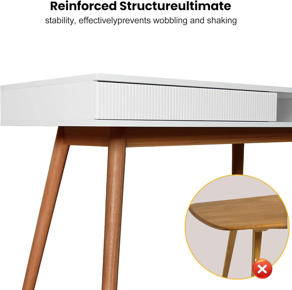 Artswish White Writing Desk with Drawers Mid Century Modern Desk, Wood Office Computer Desks for Small Space, White Desks with Walnut Legs