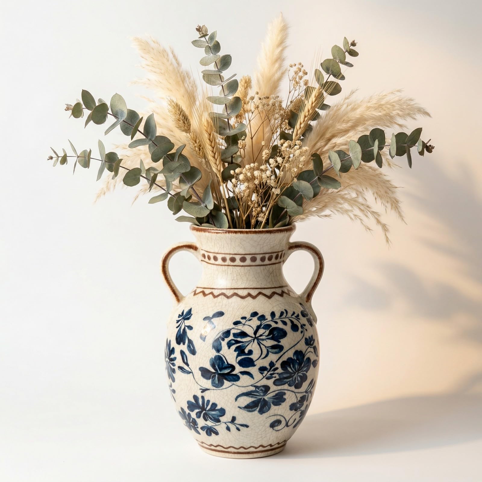 EFISPSS Ceramic Vintage Vase Decorative Spring Decor Chinese Crackle Floral Handle for Dining Room Living Room Green 8.4 in
