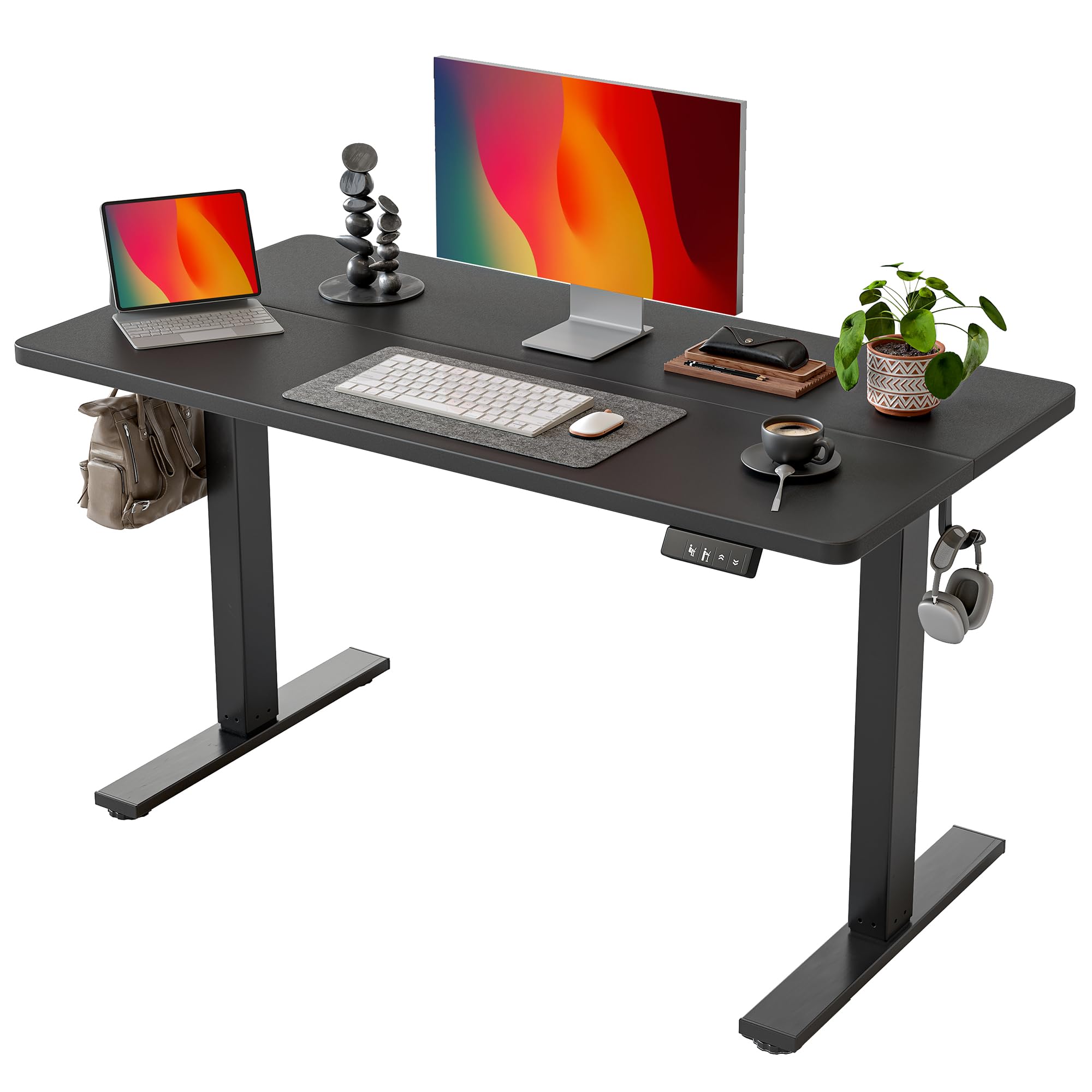 TIQLAB Electric Height Adjustable Standing Desk 47.2×23.6 inch, Sit Stand Desk with Splice Board, Memory Controller, White Frame & Maple Top Computer Workstation for Home Office