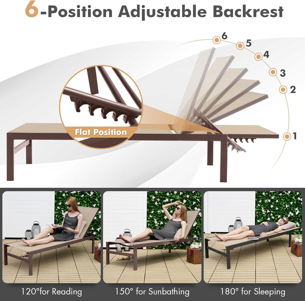 Tangkula Aluminum Lounge Chair Outdoor, Patio Adjustable Chaise Lounge with 6-Position Backrest, Aluminum Frame, Breathable Fabric, Lightweight Recliner Pool Chairs for Poolside, Backyard (1, Brown)