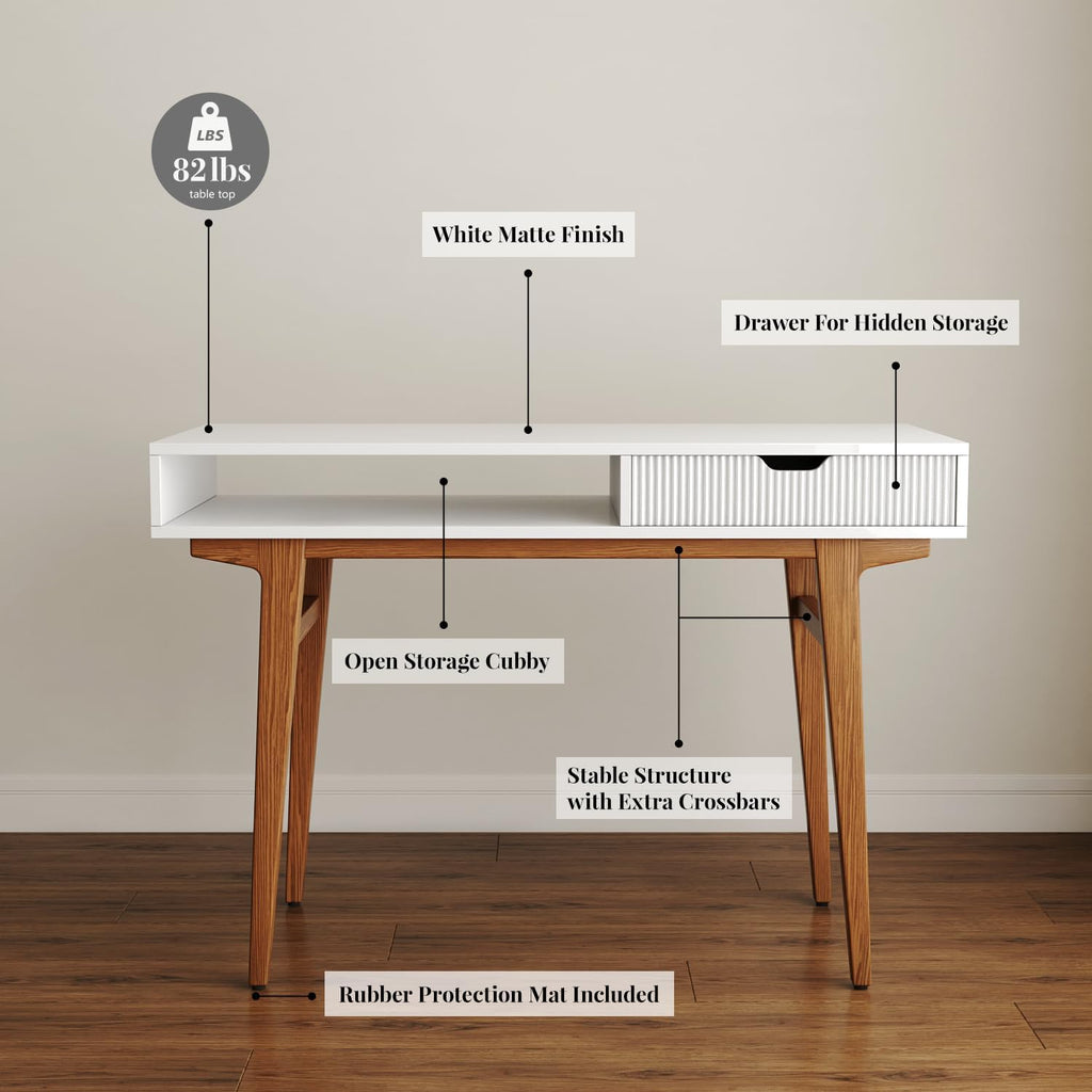 White Computer Desk with Drawers - 45 inch Minimalist Small Solid Wood Mid-Century Modern Office Desk for Home - Boho Style Writing Table with Open Storage,Light Wooden Desk Workspace
