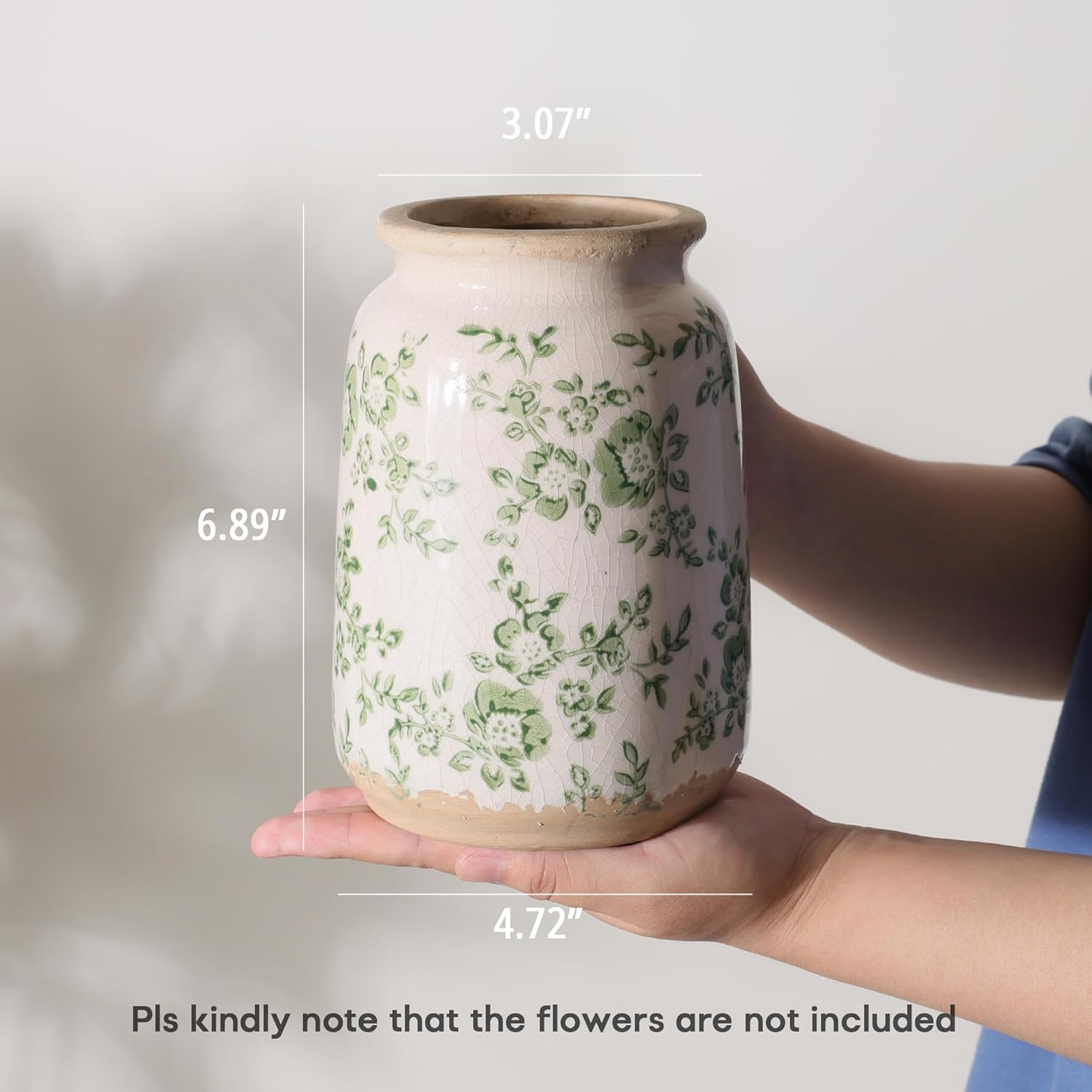 Ronasip Vintage Blue and White Chinoiserie Ceramic Vase, 6.9” Hand-Painted Peony Floral Design, Antique Style Vases for Home Decor, Centerpieces, Living Room, Balcony (Green and White)
