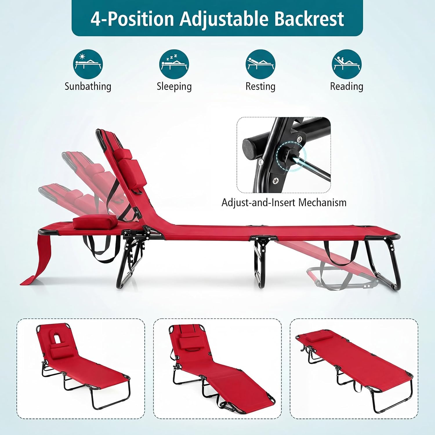 GYMAX Tanning Chair, Folding Lounge Chairs with Face Hole & Cover, Removable Pillow Carry Handle, Portable Compact Outdoor Layout Recliner for Beach, Poolside, Lawn, Patio, Camping (Red,1)