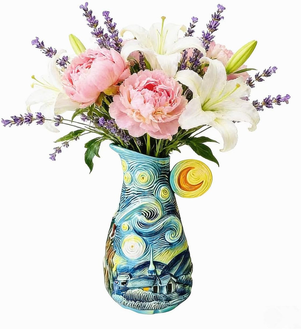 8.7" Hand-Painted Ceramic Vase, Van Gogh Starry Sky Flower Vase for Home Decor, Blue Art Vase for Fresh/Dried Bouquets, Table Centerpiece