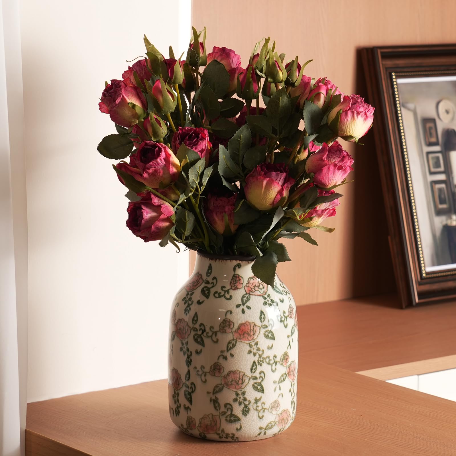 Vintage Ceramic Vase - 8.2 Inch Hand-Painted Roses with Ice Crackle Glaze Finish, American Farmhouse Style Pitcher Vase for Home Decor, Centerpiece, Shelf, Table, Office, Rustic Wedding Gift