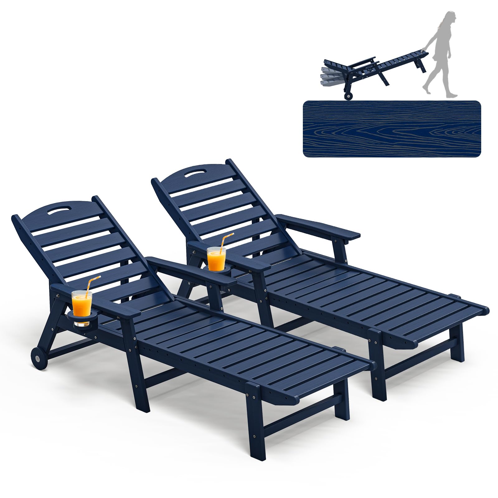 Plawdlik Oversized Patio Chaise Lounge, 5 Positions Adjustable HDPE Outdoor Lounge Chair with Rolling Wheels & Cup Holder,All-Weather for Poolside, Beach, Garden - Aruba Blue
