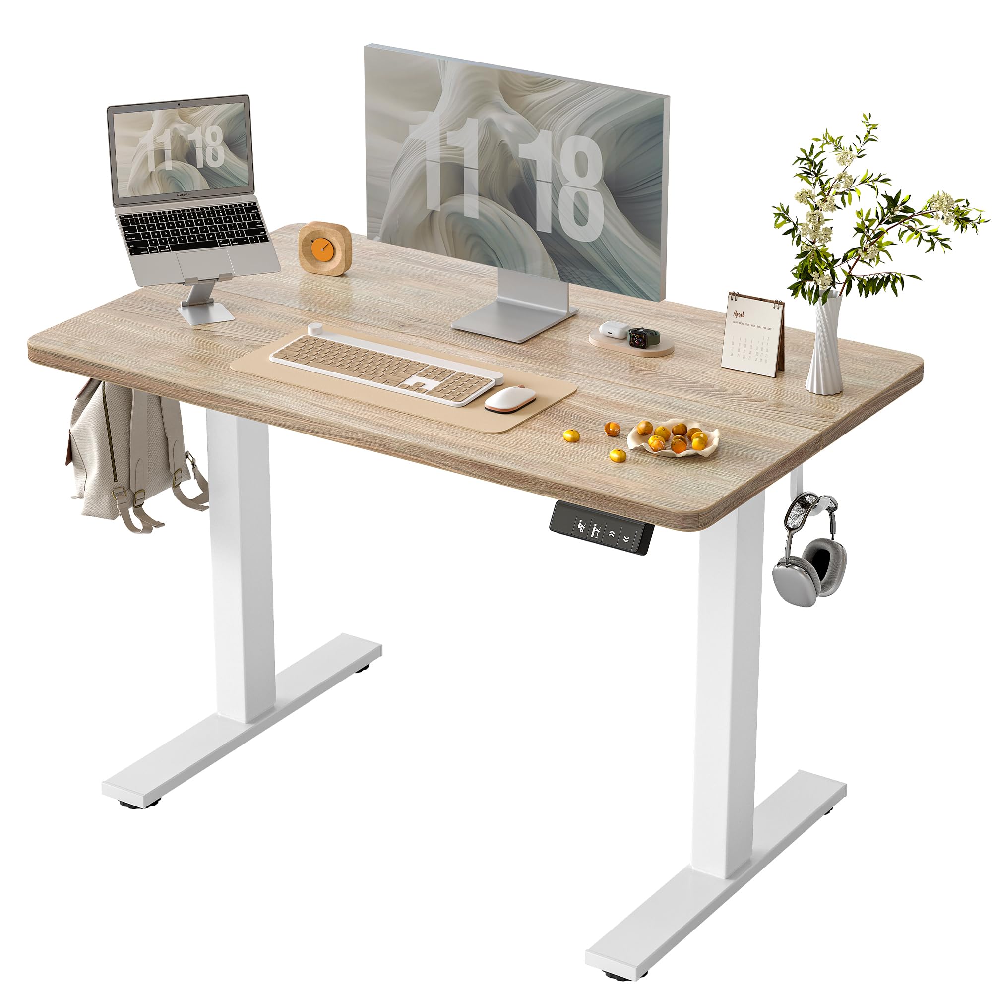 TIQLAB Electric Height Adjustable Standing Desk 47.2×23.6 inch, Sit Stand Desk with Splice Board, Memory Controller, White Frame & Maple Top Computer Workstation for Home Office