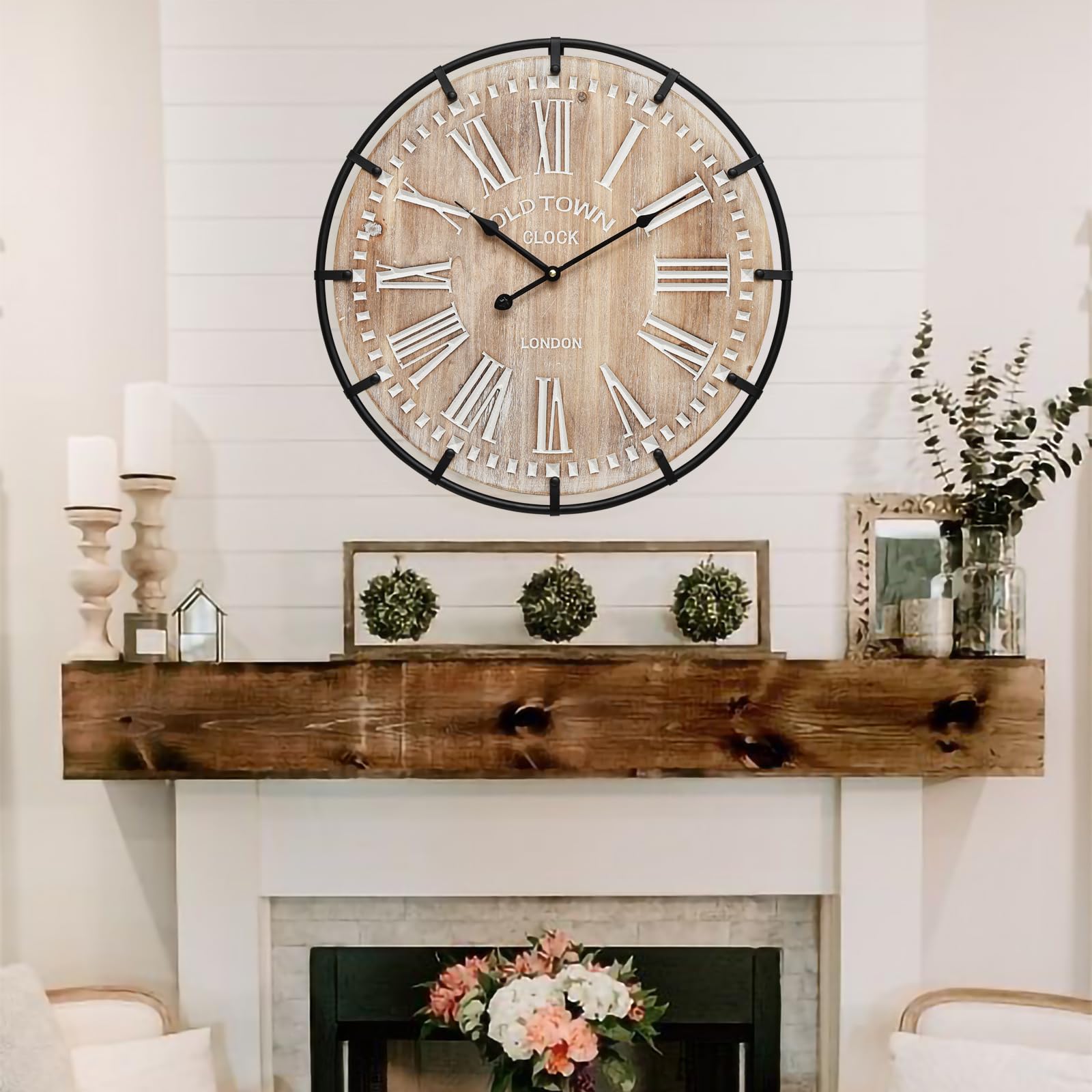 EMAX HOME 30 Inch Extra Large Wall Clock - Farmhouse Rustic Wood & Metal Design Silent Non-Ticking Battery Operated Decorative Oversized Clock for Living Room, Kitchen, Office & Bedroom
