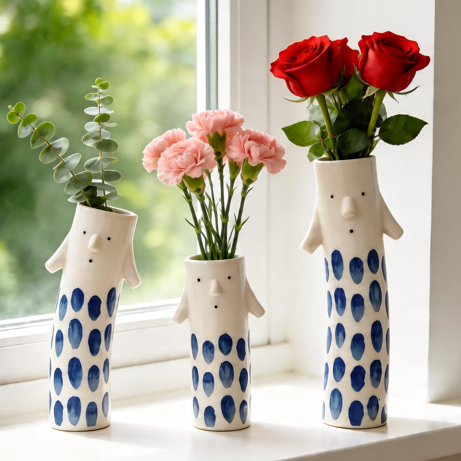 MOUGIGI Unique Ceramic Vase, Cute Boho Decor, Small Cream Vase for Dried Flowers or Single Bud - Sun and Moon Face Design