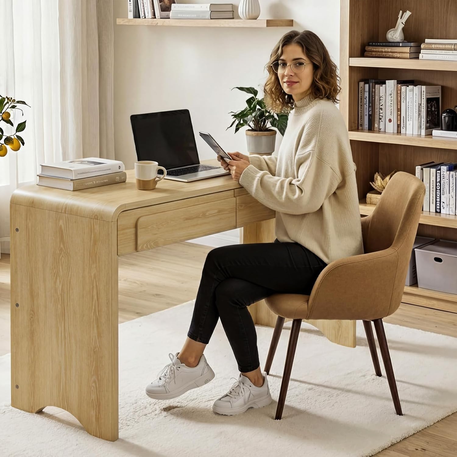 Bestier Computer Desk with 2 Drawers, 47 Inch Wood Home Office Desk, Small Writing Table with Curved Handles & Waterfall Rounded Edges, Cute Modern Desks for Bedroom Study Living Room, Oak