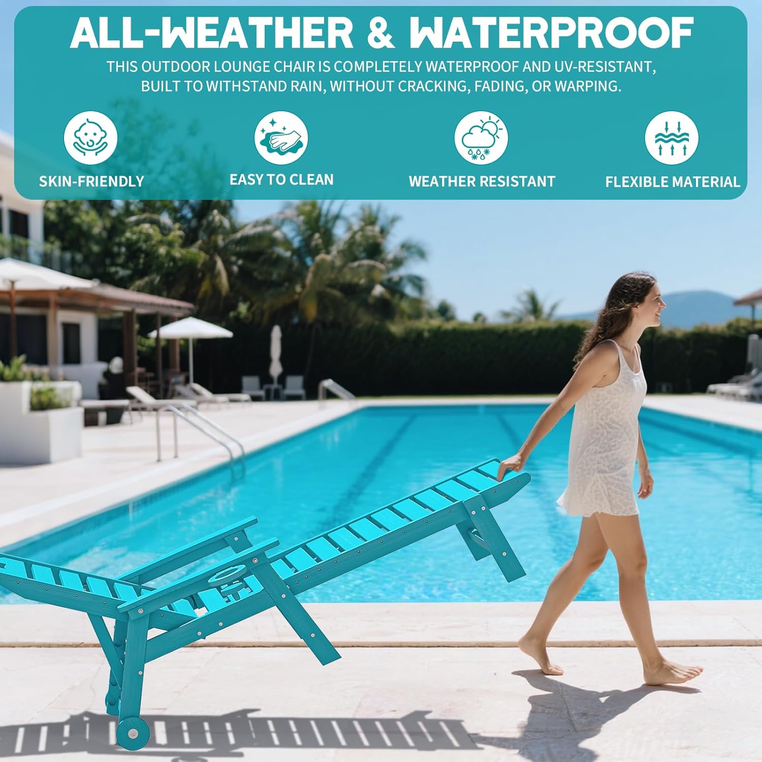 Plawdlik Oversized Patio Chaise Lounge, 5 Positions Adjustable HDPE Outdoor Lounge Chair with Rolling Wheels & Cup Holder,All-Weather for Poolside, Beach, Garden - Aruba Blue