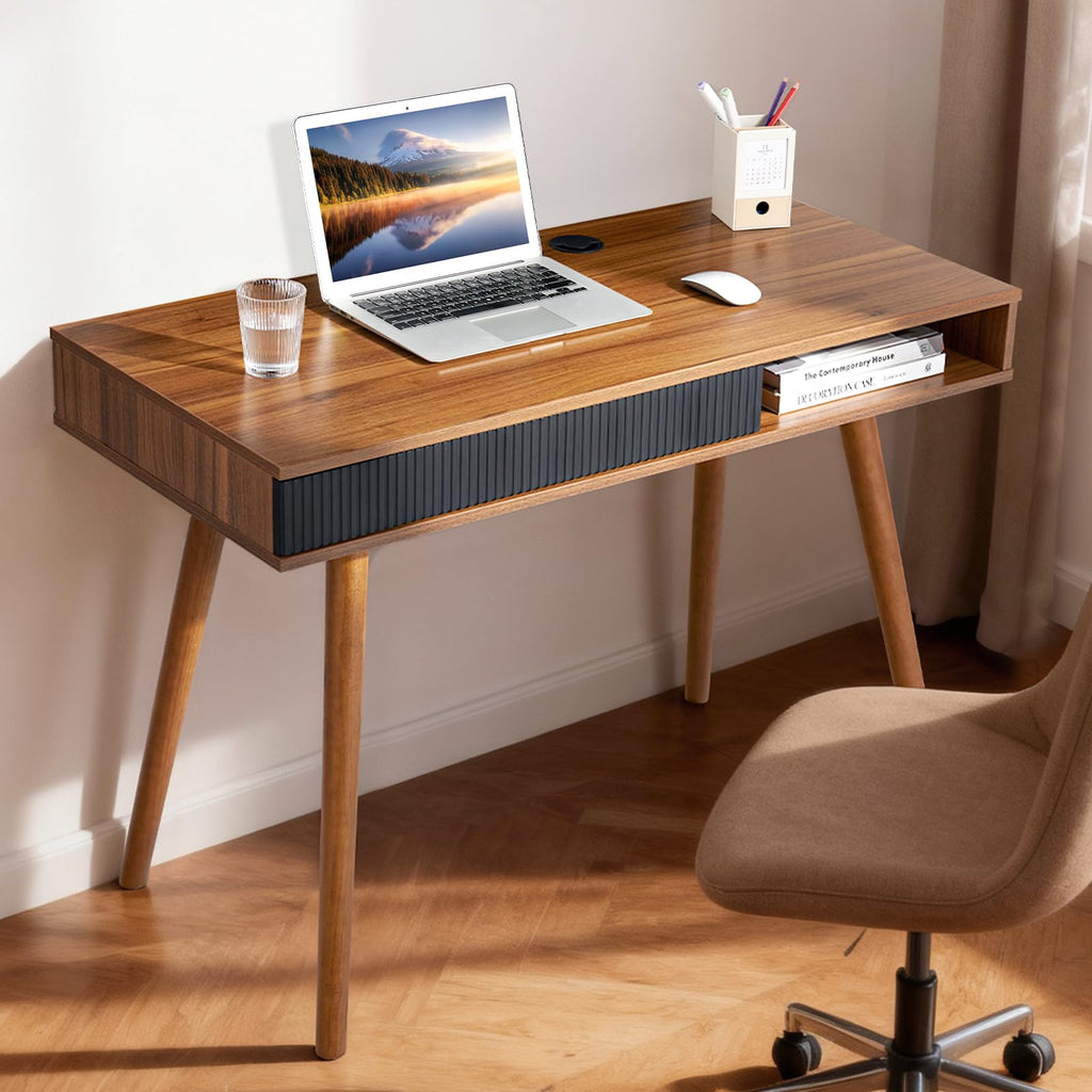 Artswish White Writing Desk with Drawers Mid Century Modern Desk, Wood Office Computer Desks for Small Space, White Desks with Walnut Legs