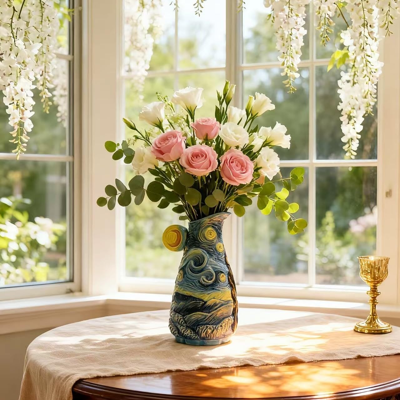 8.7" Hand-Painted Ceramic Vase, Van Gogh Starry Sky Flower Vase for Home Decor, Blue Art Vase for Fresh/Dried Bouquets, Table Centerpiece
