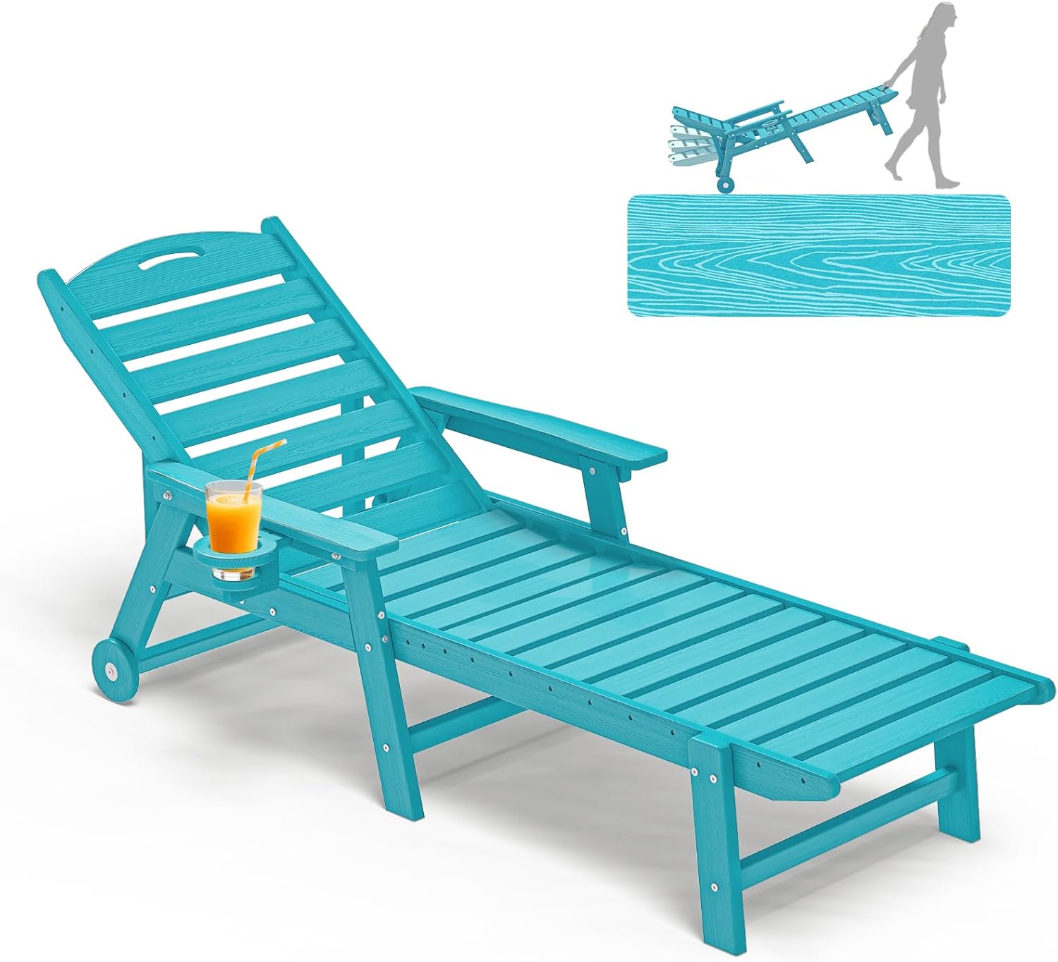 Plawdlik Oversized Patio Chaise Lounge, 5 Positions Adjustable HDPE Outdoor Lounge Chair with Rolling Wheels & Cup Holder,All-Weather for Poolside, Beach, Garden - Aruba Blue