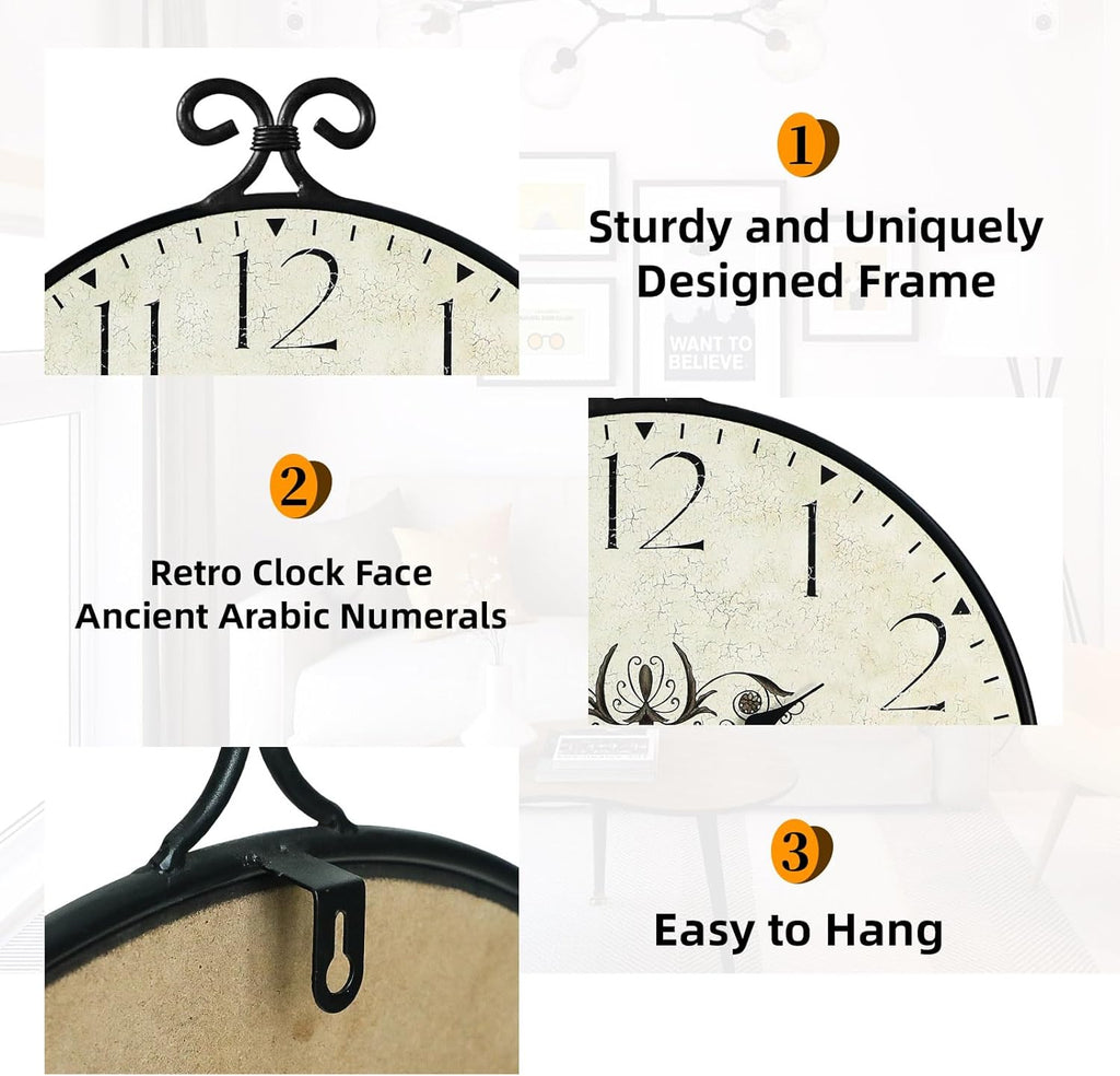 Farmhouse Wall Clock, 17H×13.4D Inch, Wrought Iron Frame with Warm Gray Finish, Vintage Wall Clock Silent Battery Operated Wall Clocks for Home Living Room Kitchen Bedroom