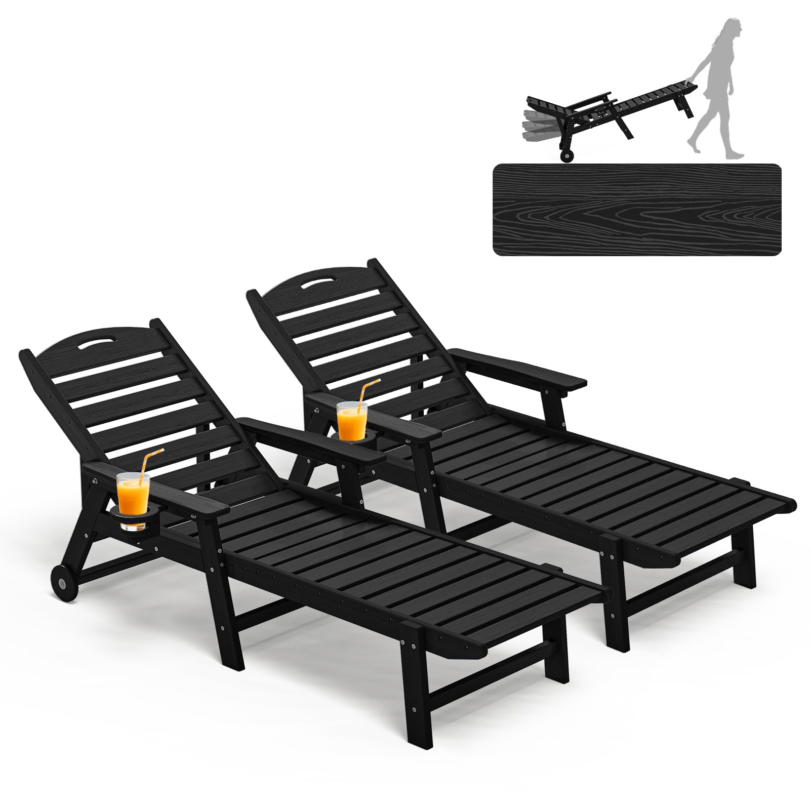 Plawdlik Oversized Patio Chaise Lounge, 5 Positions Adjustable HDPE Outdoor Lounge Chair with Rolling Wheels & Cup Holder,All-Weather for Poolside, Beach, Garden - Aruba Blue