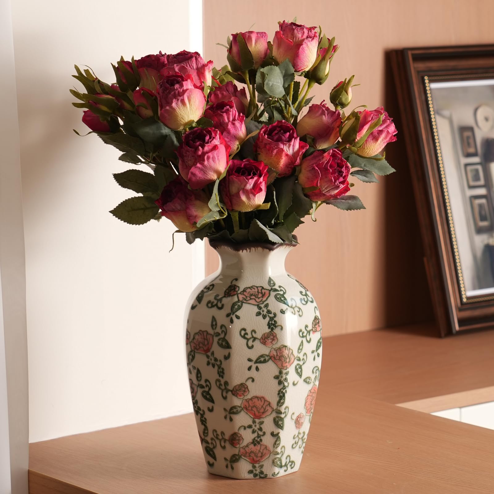 Vintage Ceramic Vase - 8.2 Inch Hand-Painted Roses with Ice Crackle Glaze Finish, American Farmhouse Style Pitcher Vase for Home Decor, Centerpiece, Shelf, Table, Office, Rustic Wedding Gift