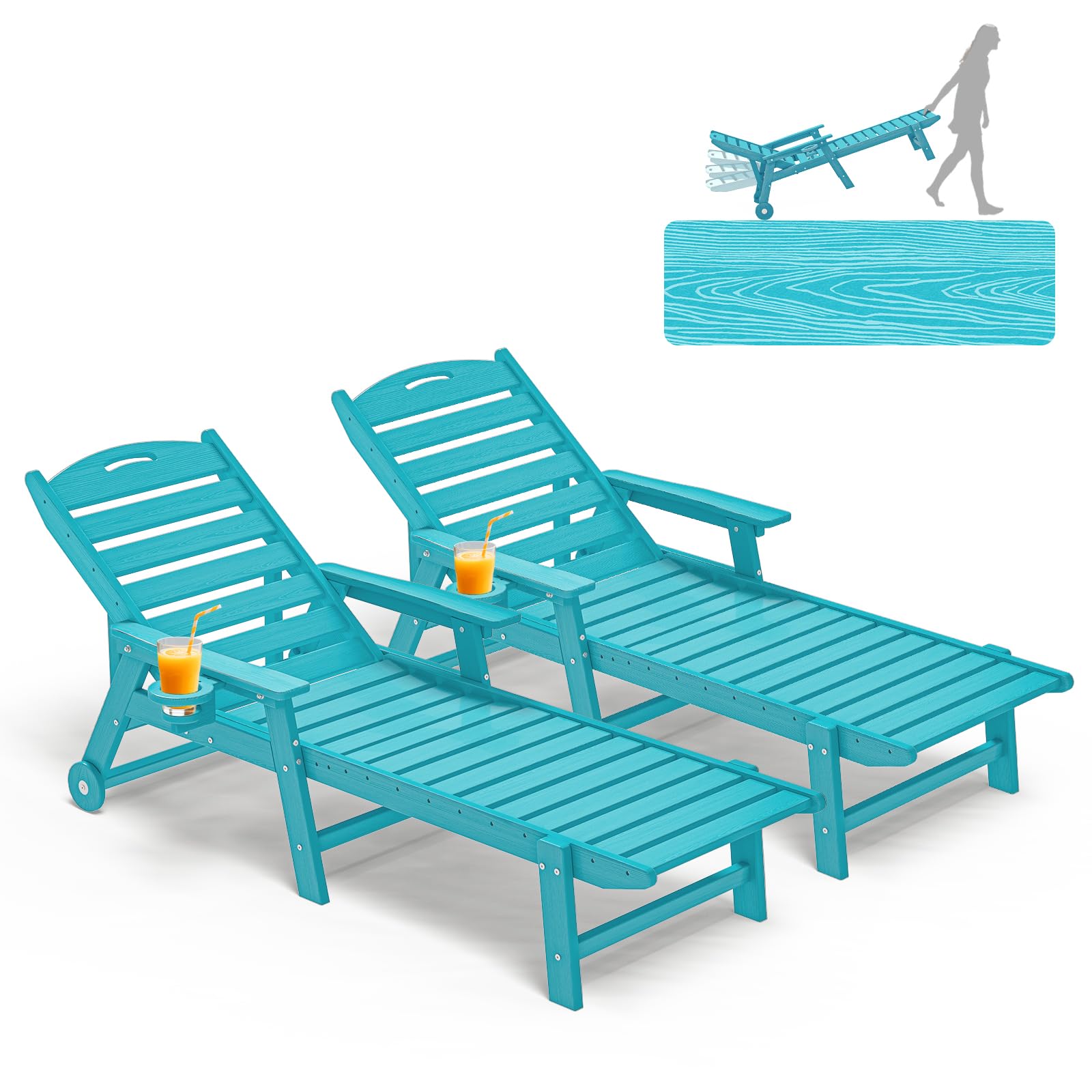 Plawdlik Oversized Patio Chaise Lounge, 5 Positions Adjustable HDPE Outdoor Lounge Chair with Rolling Wheels & Cup Holder,All-Weather for Poolside, Beach, Garden - Aruba Blue