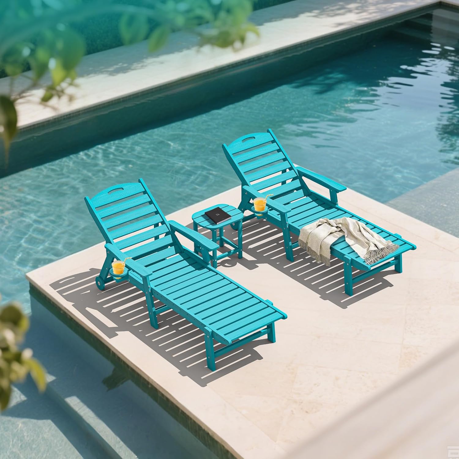 Plawdlik Oversized Patio Chaise Lounge, 5 Positions Adjustable HDPE Outdoor Lounge Chair with Rolling Wheels & Cup Holder,All-Weather for Poolside, Beach, Garden - Aruba Blue