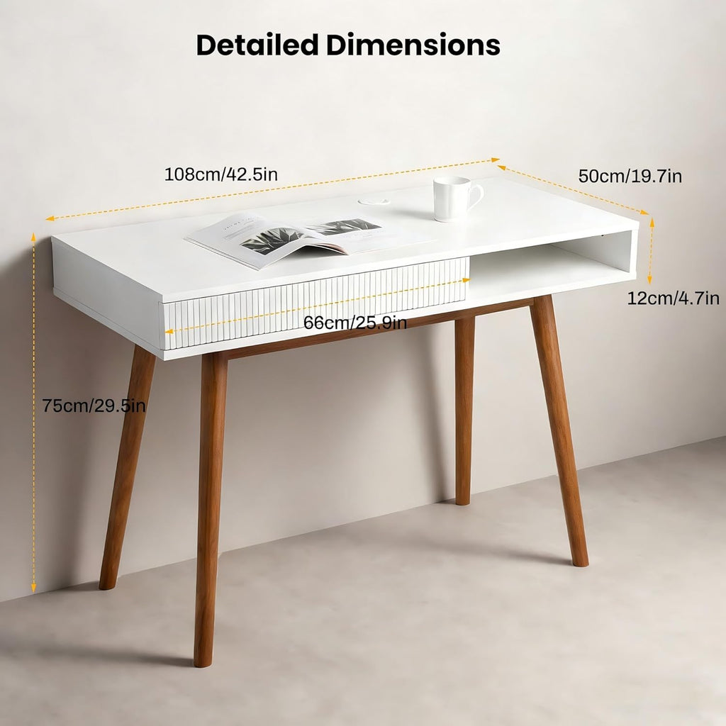 Artswish White Writing Desk with Drawers Mid Century Modern Desk, Wood Office Computer Desks for Small Space, White Desks with Walnut Legs