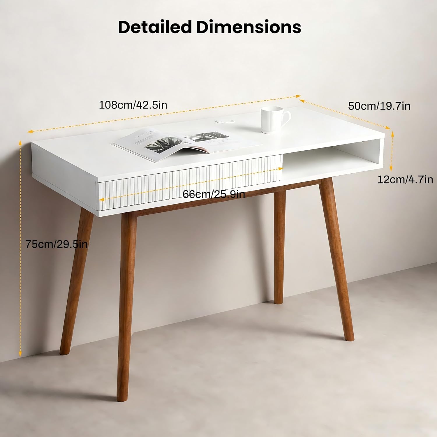 Artswish White Writing Desk with Drawers Mid Century Modern Desk, Wood Office Computer Desks for Small Space, White Desks with Walnut Legs