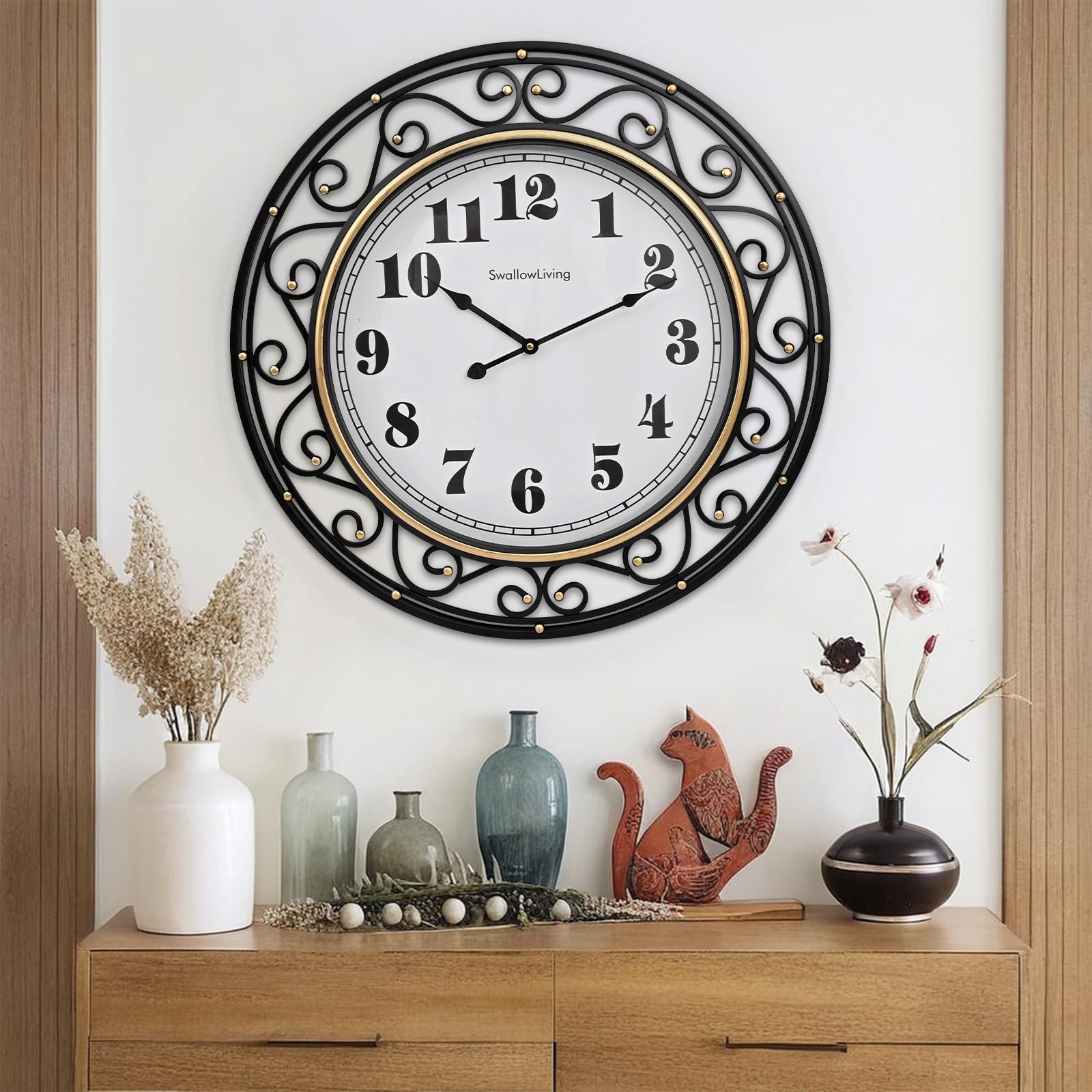 SwallowLiving 24 Inch Vintage Iron Metal Frame Wall Clock Silent, Battery Operated, Elegant Retro Decor for Living Room, Kitchen, Office, Dining Room, and Bedroom