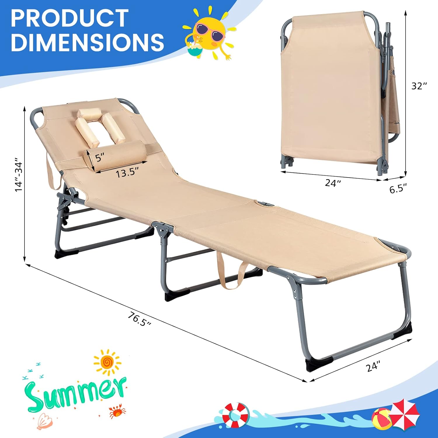 LUARANE Outdoor Folding Lounge Chair, Adjustable Tanning Chair with Face Hole & Removable Pillow, Headrest and Carry Strap, Portable Sunbathing Recliner Chair for Patio, Backyard, Beach (1, Beige)