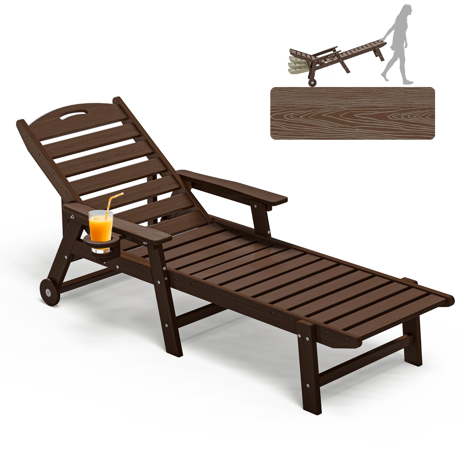 Plawdlik Oversized Patio Chaise Lounge, 5 Positions Adjustable HDPE Outdoor Lounge Chair with Rolling Wheels & Cup Holder,All-Weather for Poolside, Beach, Garden - Aruba Blue