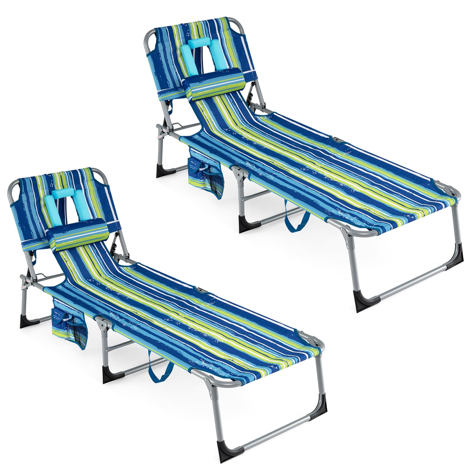 COSTWAY Tanning Chair with Face Hole, Folding Beach Lounge Chair with 4-Position Adjustable Backrest, Pillow & Side Pocket, Foldable Chaise Lounge Chair Outdoor for Sunbathing, Camping (1, Pink)