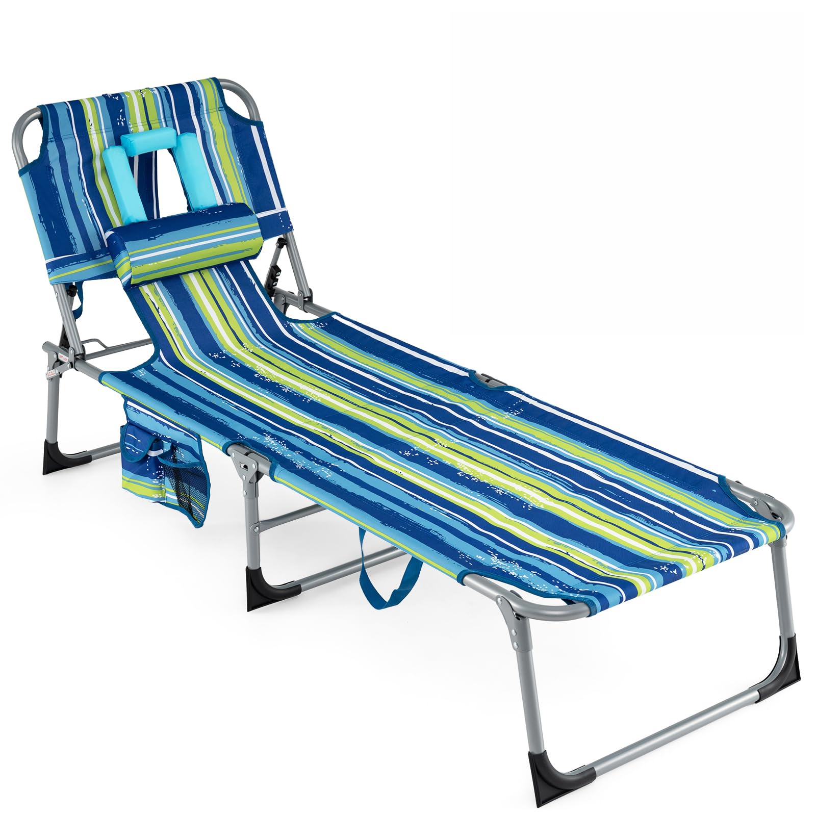 COSTWAY Tanning Chair with Face Hole, Folding Beach Lounge Chair with 4-Position Adjustable Backrest, Pillow & Side Pocket, Foldable Chaise Lounge Chair Outdoor for Sunbathing, Camping (1, Pink)