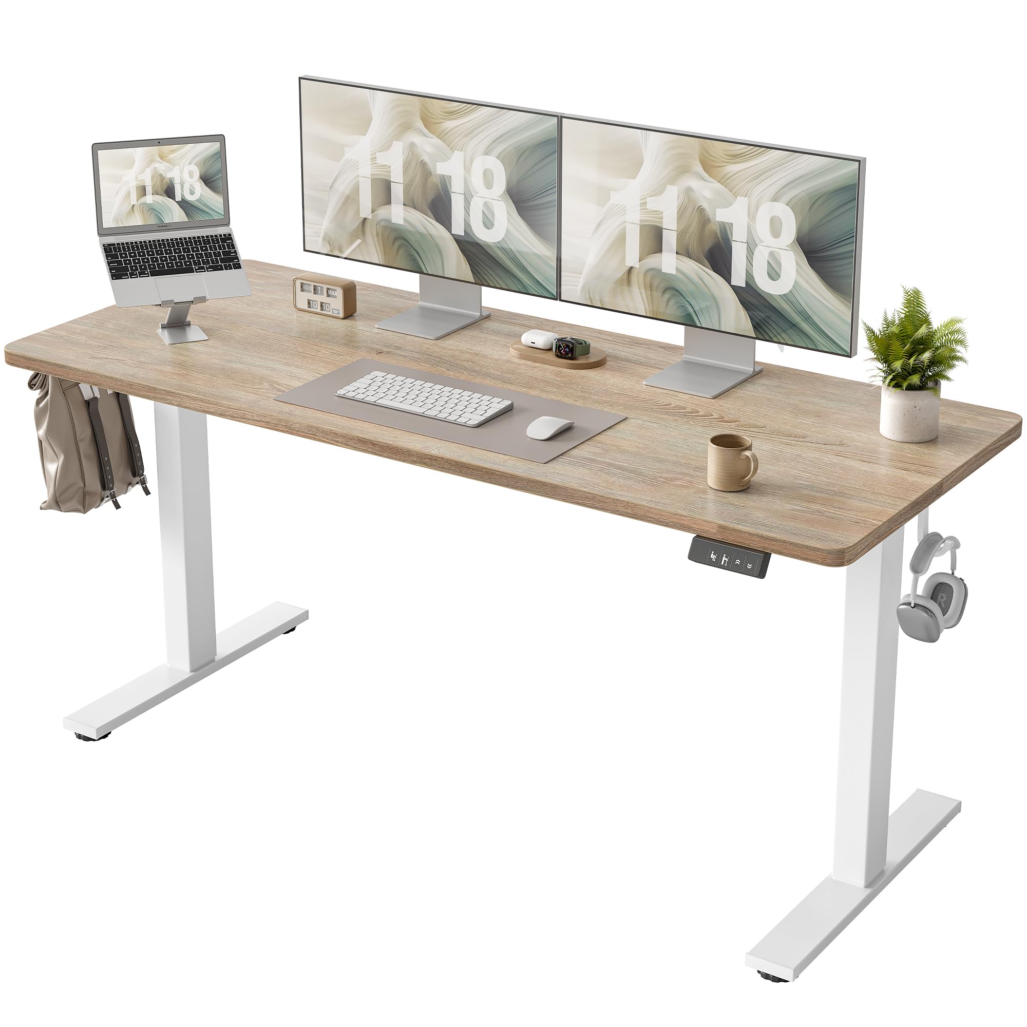 TIQLAB Electric Height Adjustable Standing Desk 47.2×23.6 inch, Sit Stand Desk with Splice Board, Memory Controller, White Frame & Maple Top Computer Workstation for Home Office
