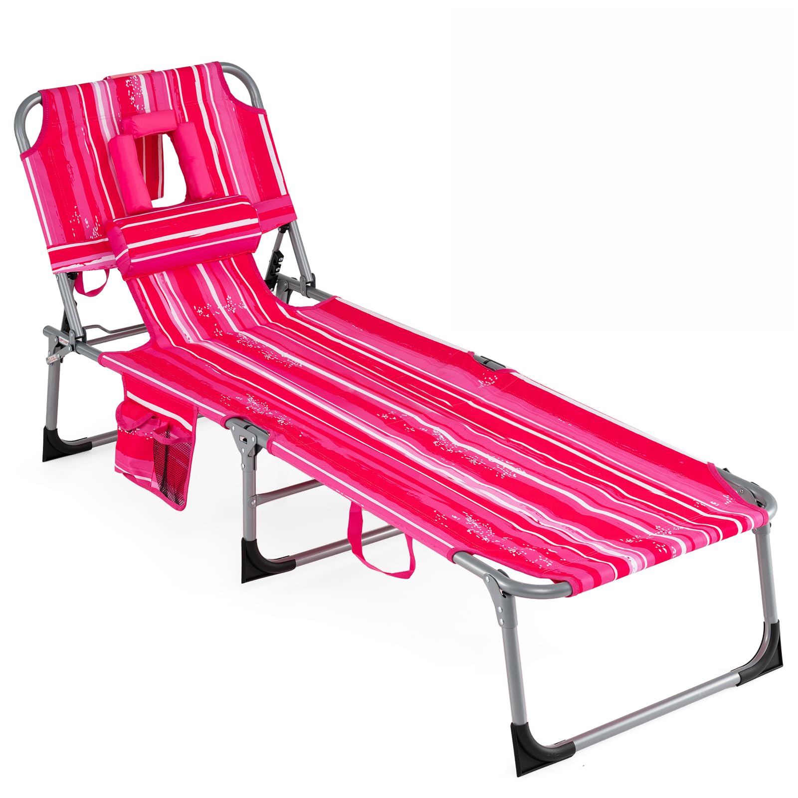COSTWAY Tanning Chair with Face Hole, Folding Beach Lounge Chair with 4-Position Adjustable Backrest, Pillow & Side Pocket, Foldable Chaise Lounge Chair Outdoor for Sunbathing, Camping (1, Pink)