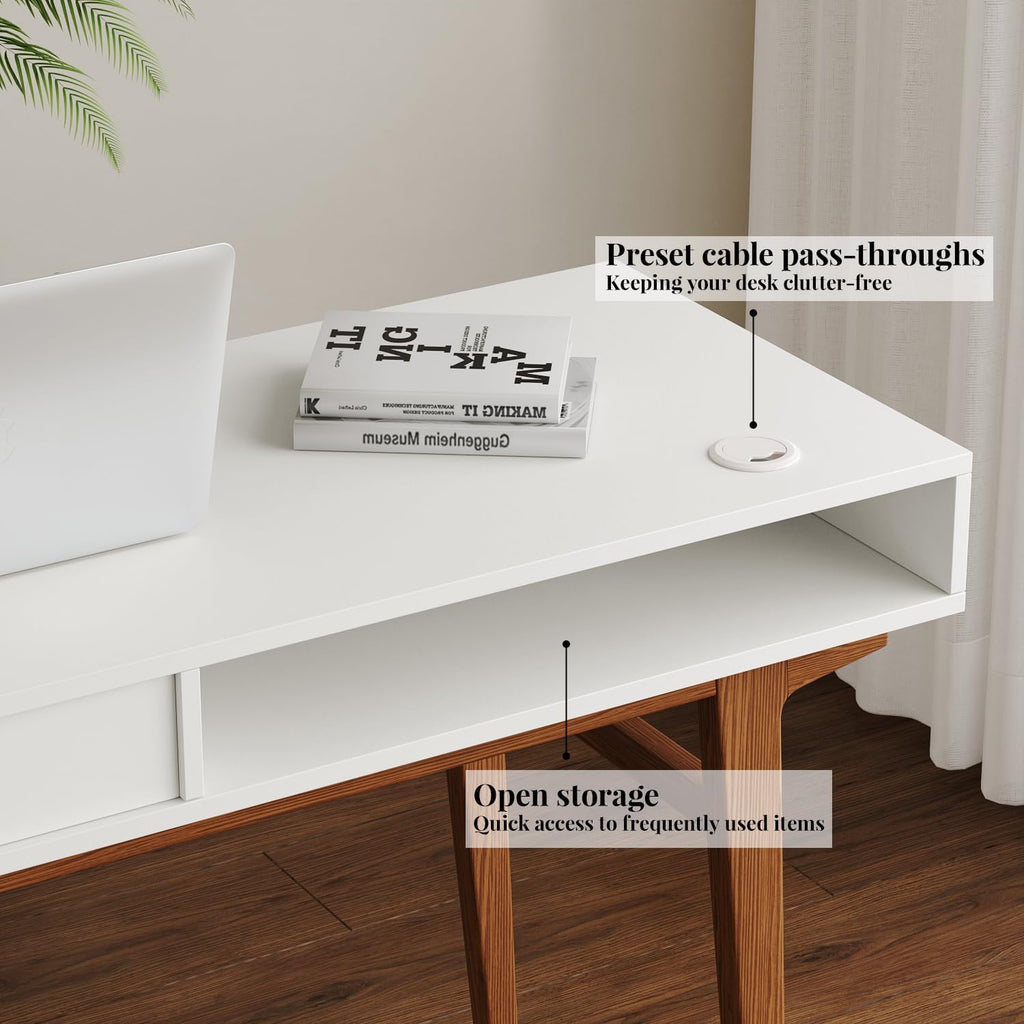 White Computer Desk with Drawers - 45 inch Minimalist Small Solid Wood Mid-Century Modern Office Desk for Home - Boho Style Writing Table with Open Storage,Light Wooden Desk Workspace