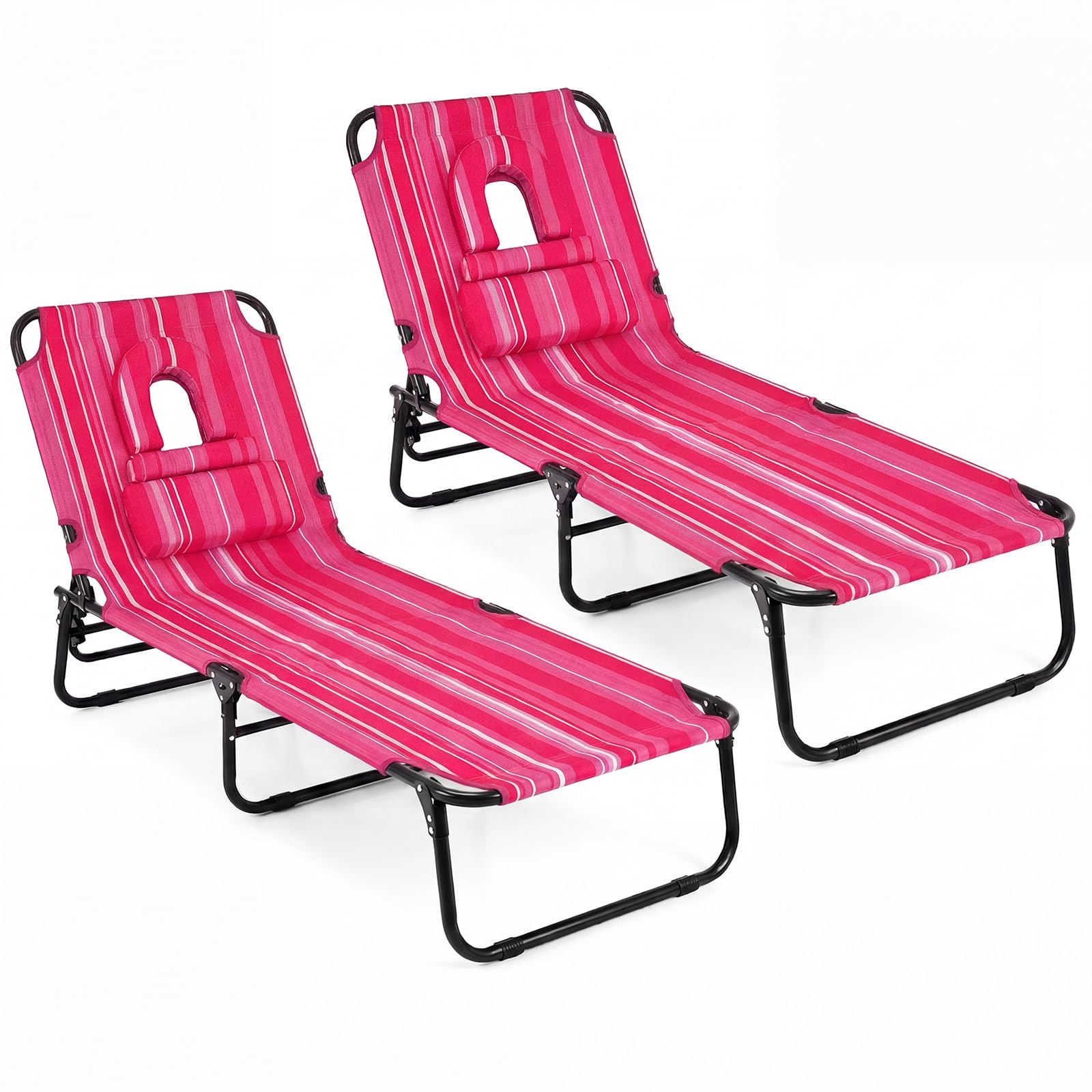 GYMAX Tanning Chair, Folding Lounge Chairs with Face Hole & Cover, Removable Pillow Carry Handle, Portable Compact Outdoor Layout Recliner for Beach, Poolside, Lawn, Patio, Camping (Red,1)