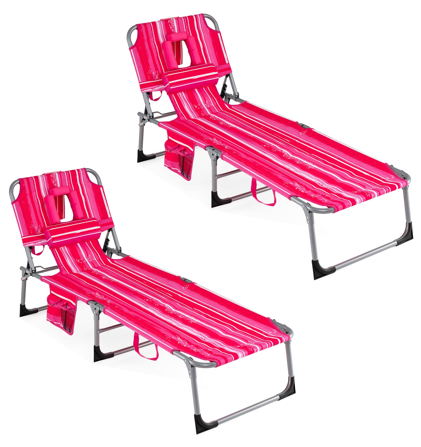 COSTWAY Tanning Chair with Face Hole, Folding Beach Lounge Chair with 4-Position Adjustable Backrest, Pillow & Side Pocket, Foldable Chaise Lounge Chair Outdoor for Sunbathing, Camping (1, Pink)