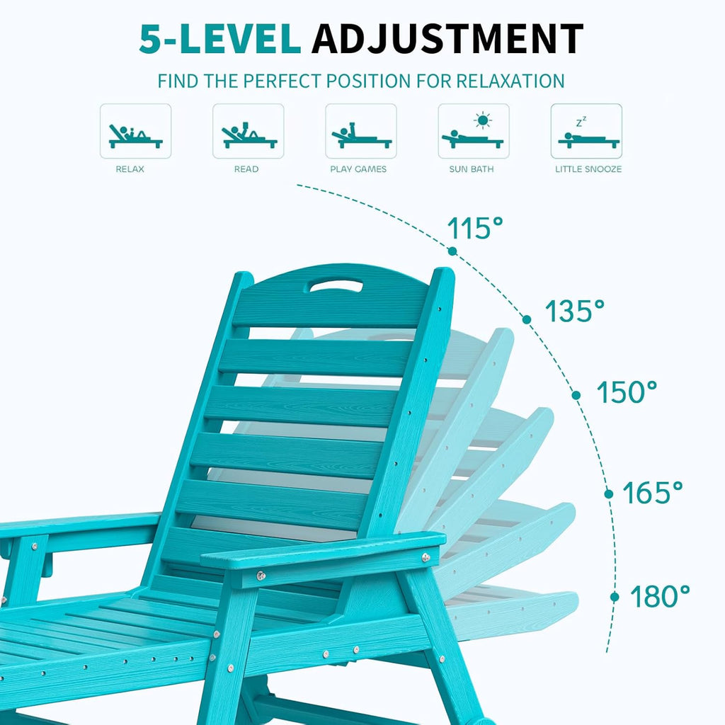 Plawdlik Oversized Patio Chaise Lounge, 5 Positions Adjustable HDPE Outdoor Lounge Chair with Rolling Wheels & Cup Holder,All-Weather for Poolside, Beach, Garden - Aruba Blue