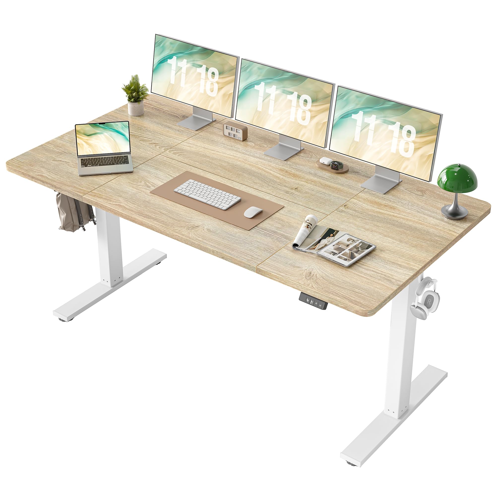 TIQLAB Electric Height Adjustable Standing Desk 47.2×23.6 inch, Sit Stand Desk with Splice Board, Memory Controller, White Frame & Maple Top Computer Workstation for Home Office