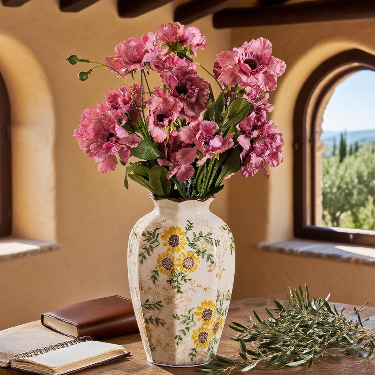 for Mom from Daughter or Son, Hand-Painted Sunflower Vintage Ceramic Octagonal Vase 9.1”, Green Yellow Beige Floral Vase for Bouquet, Mantle, Table Centerpiece, Bookshelf, Office