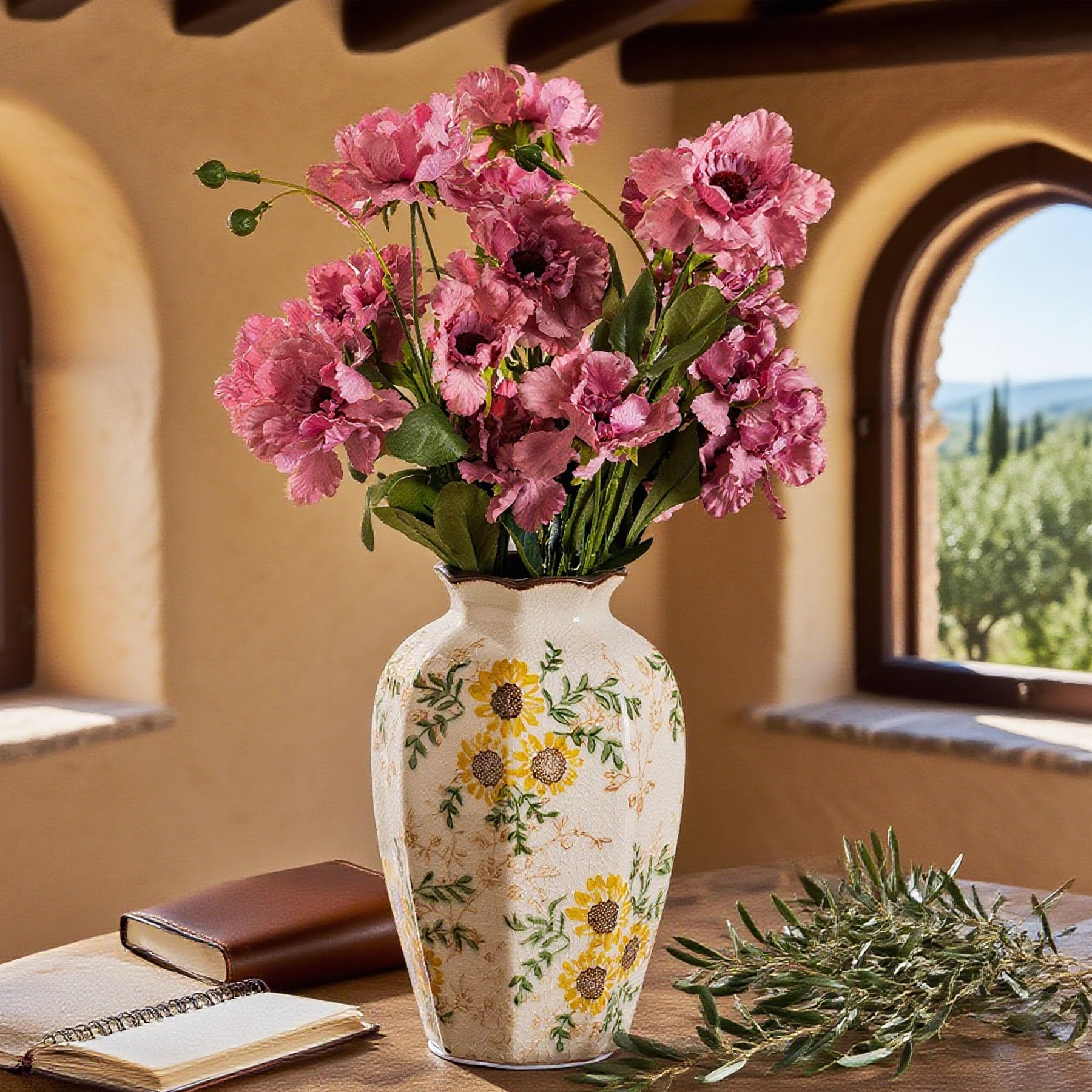 for Mom from Daughter or Son, Hand-Painted Sunflower Vintage Ceramic Octagonal Vase 9.1”, Green Yellow Beige Floral Vase for Bouquet, Mantle, Table Centerpiece, Bookshelf, Office